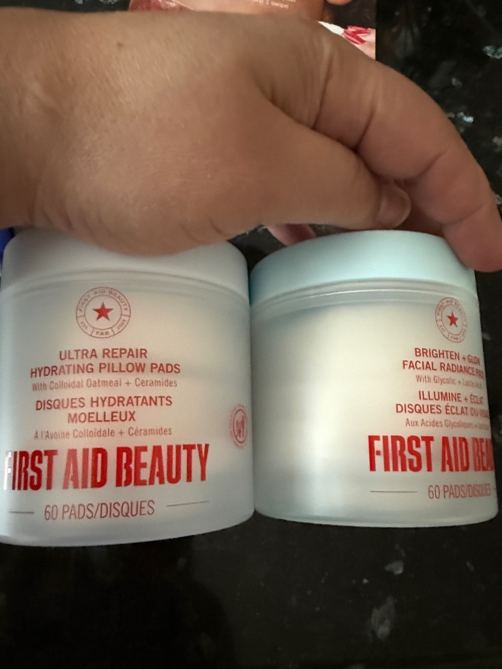 First Aid Beauty White Jars with Red Logo Hydrating Pillow Pads
